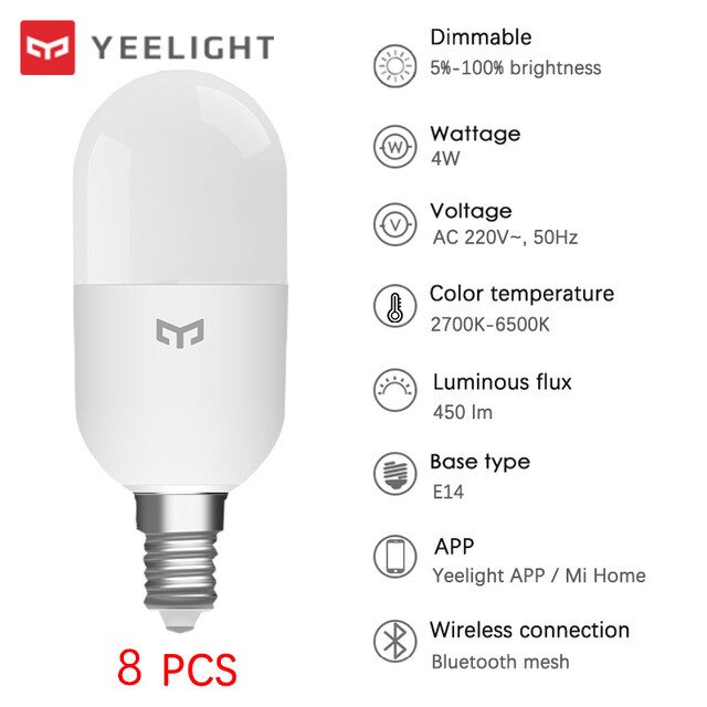 Yeelight-bombilla de temperatura de Color M2, malla Bluetooth E14 E27, malla Bluetooth, Control por aplicación para Apple Homekit Mihome App: E14 8Pcs