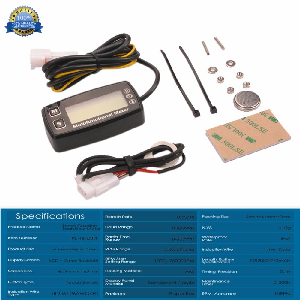 Digital LCD tachometer hour meter thermometer temperature for gas UTV ATV outboard buggy tractor JET SKI paramotor