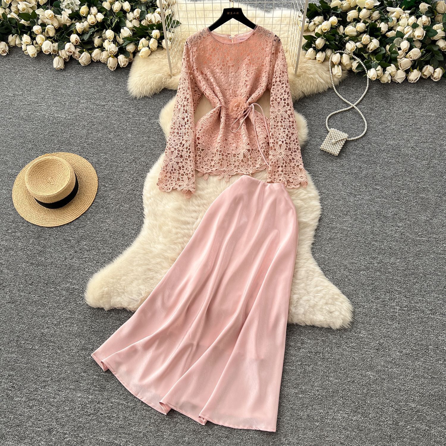 Kesäinen pitkä mekko, naisten ontto kirjonta, pitsipuserot, midi-satiinihameet, 2 kpl asuja, pinkki, toimistonaisten työmekot: S / Vaaleanpunainen