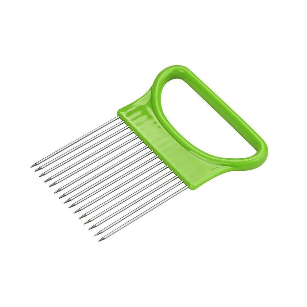 Steel Onion Needle Onion Fork Vegetables Fruit Slicer Tomato Cutter Cutting Safe Aid Holder Kitchen Accessories Tools: green