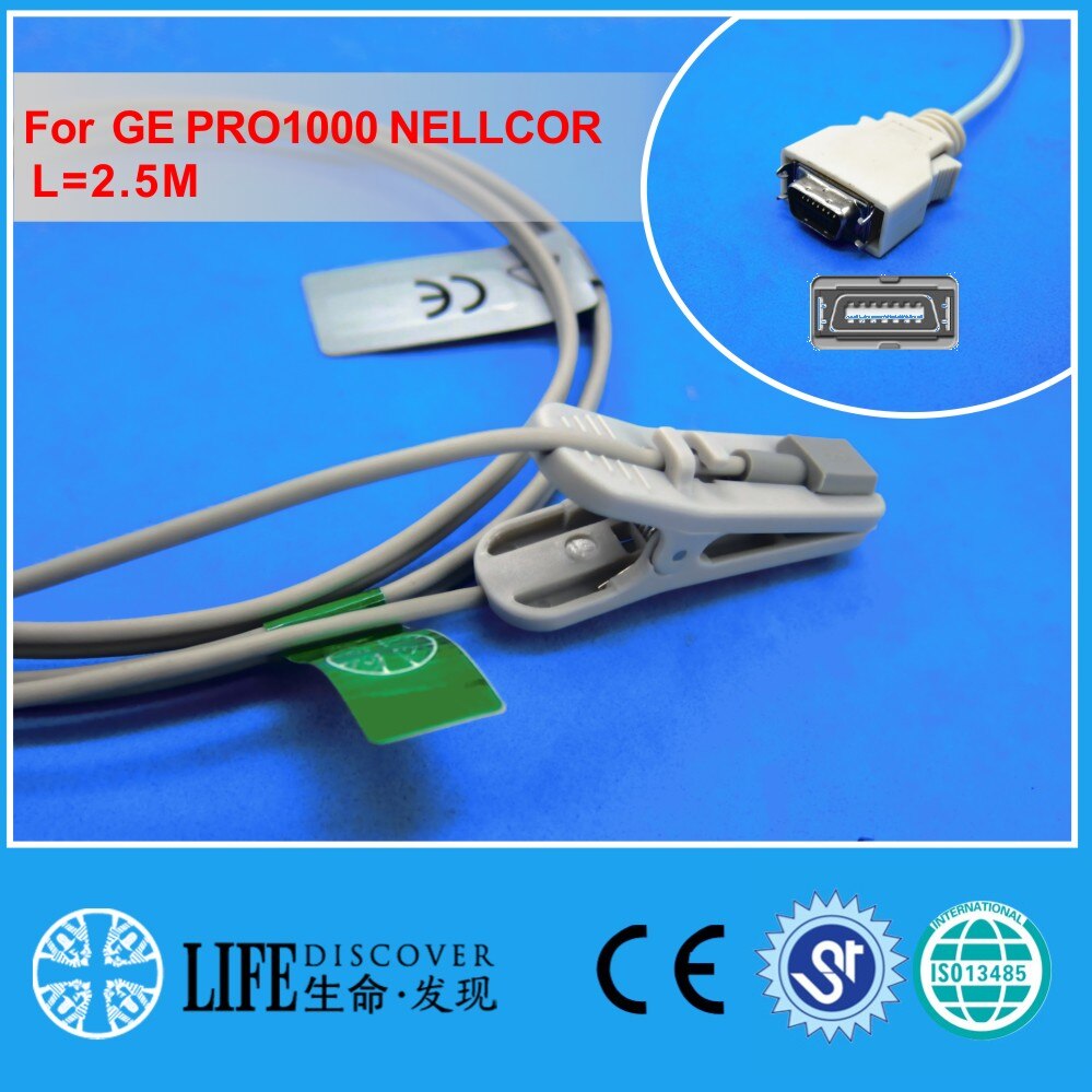 Long cable AWT adult finger clip spo2 sensor for GE dinamap pro1000 Nellcor: Adult ear clip