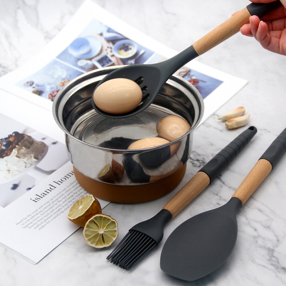 Boîte de rangement pour ustensiles de cuisine, cuillère à soupe en bois Silicone, spatule brosse, grattoir outils de cuisine noirs