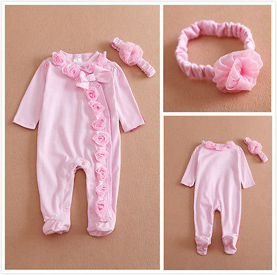 Nyfødte baby piger langærmet romper tredimensionel blomst bodysuit jumpsuit tøj tøj sæt fastgjort pandebånd