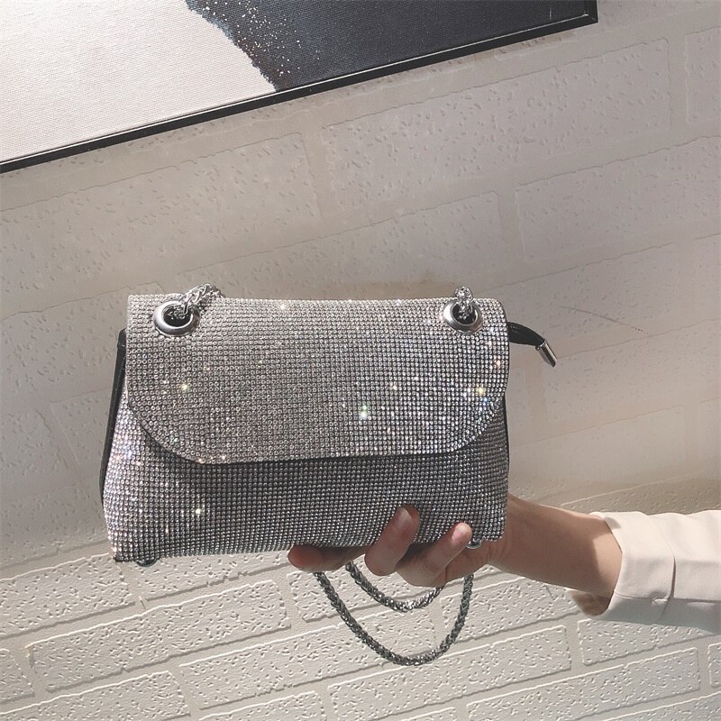 Bolso de mano con diamantes de imitación para mujer, superllamativas, cadena de Plata a la , bolso de hombro tipo bandolera,