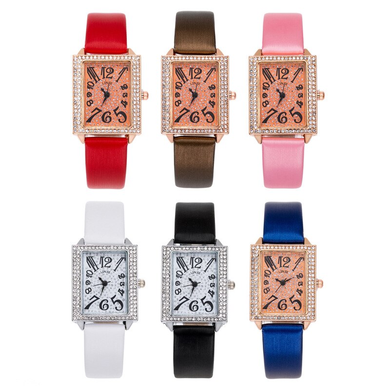 Dame quartz ur krystal firkantet ur ur kvinder armbånd ure kjole pu band kvinde ure romerske arabertal