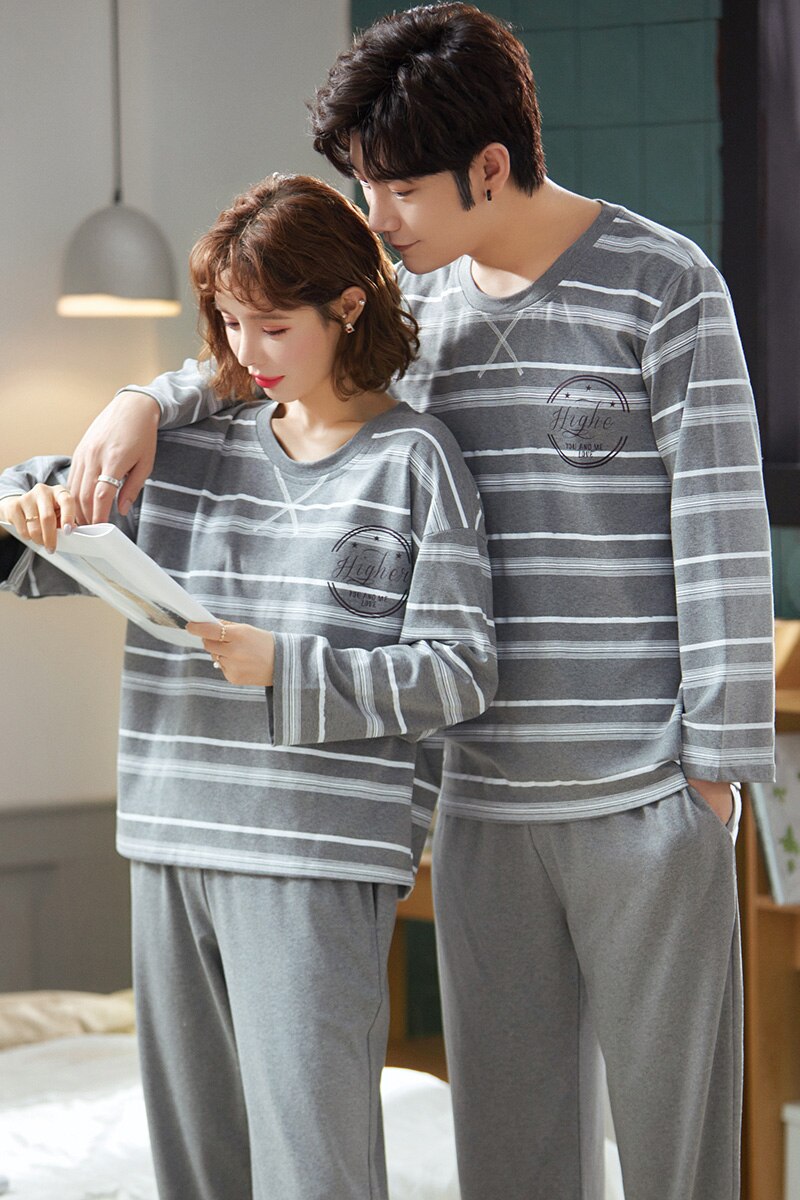 Pyjama Set - Katoen & Polyester - Gestreept Lange Mouw O-Hals - Heren & Dames Koppel Nachtkleding