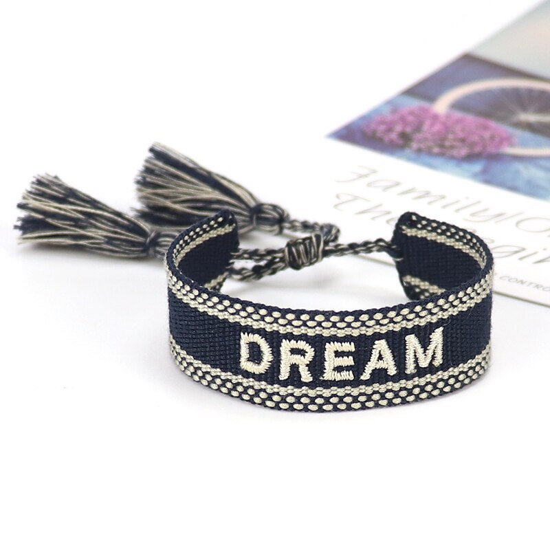 Black Color Letter Printed Braided Bracelet For Women Men Handmade Tassel Bracelet Adjustable Rope Bracelets Couple Jewelry: Dream-dark blue