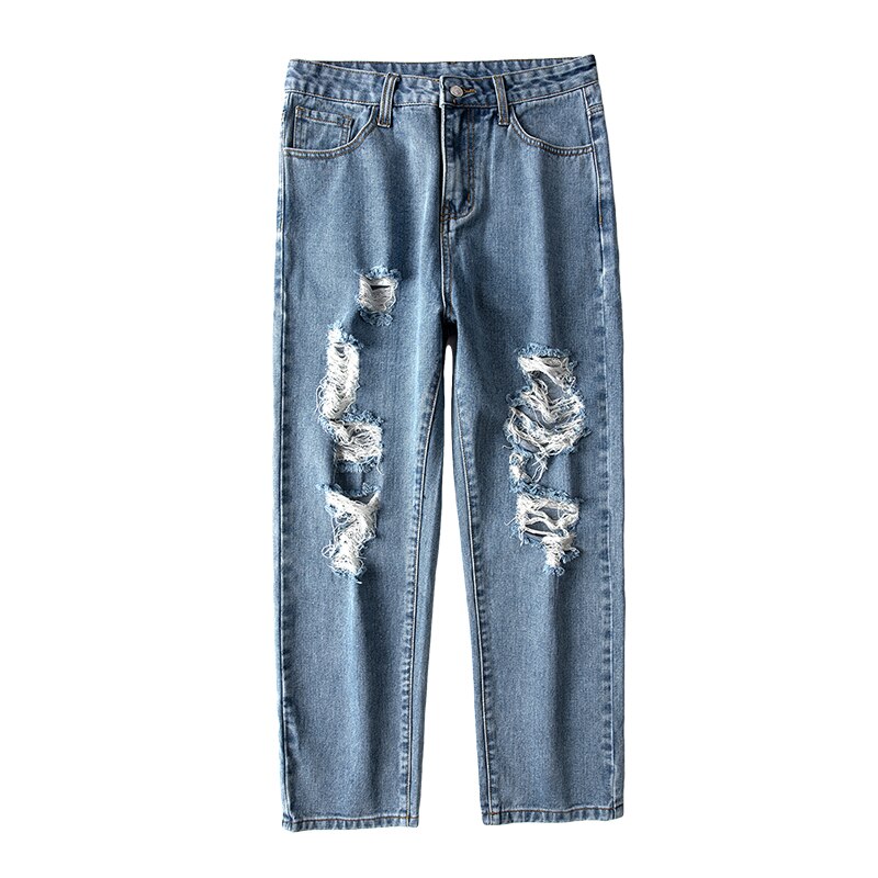 Pantalones vaqueros rasgados para hombre, pantalón de pierna ancha, corte recto, corte holgado, azul, desgastado, Agujero roto, ropa de calle, estilo Punk, longitud hasta el tobillo: 36