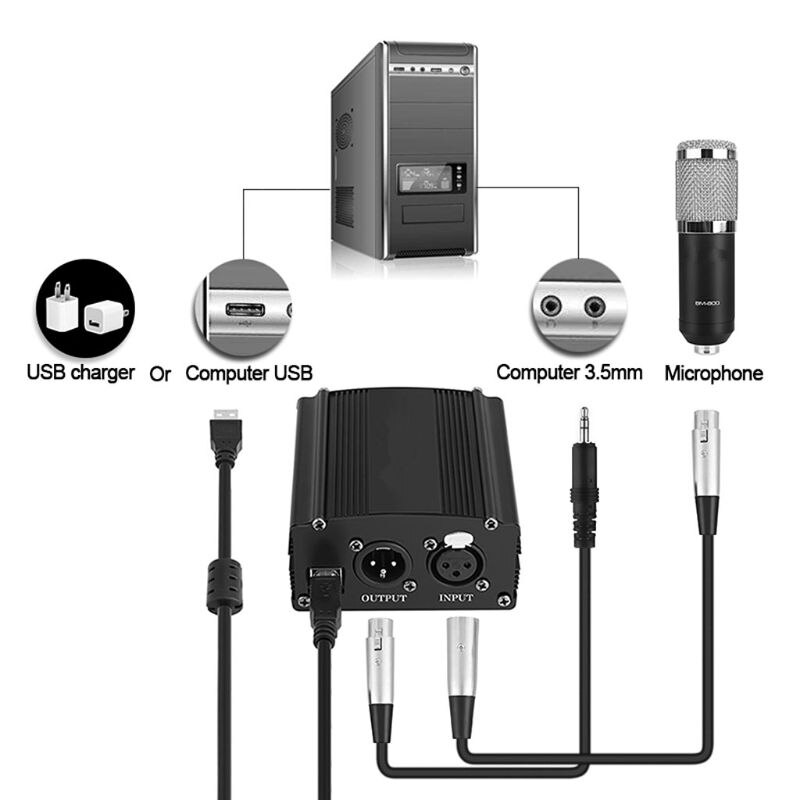 Bærbar 1 kanal 48v usb phantom power usb kabel xlr 3 pin mikrofonkabel til ethvert kondensatormikrofontilbehør