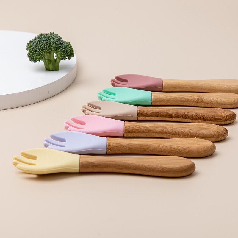 1pc Holz Silikon Baby Löffel Gabel Sicherheit Fütterung Geschirr Umwelt freundliche Kleinkind Baby Fütterung Zubehör Utensilien