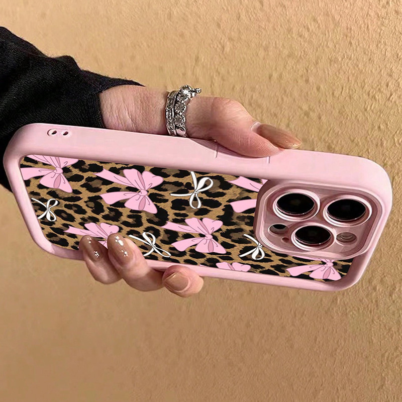Para iPhone 15 funda con lazo rosa y estampado de leopardo para iPhone 11 12 13 14 16 Pro Max XS X XR 7 8 Plus SE 2022