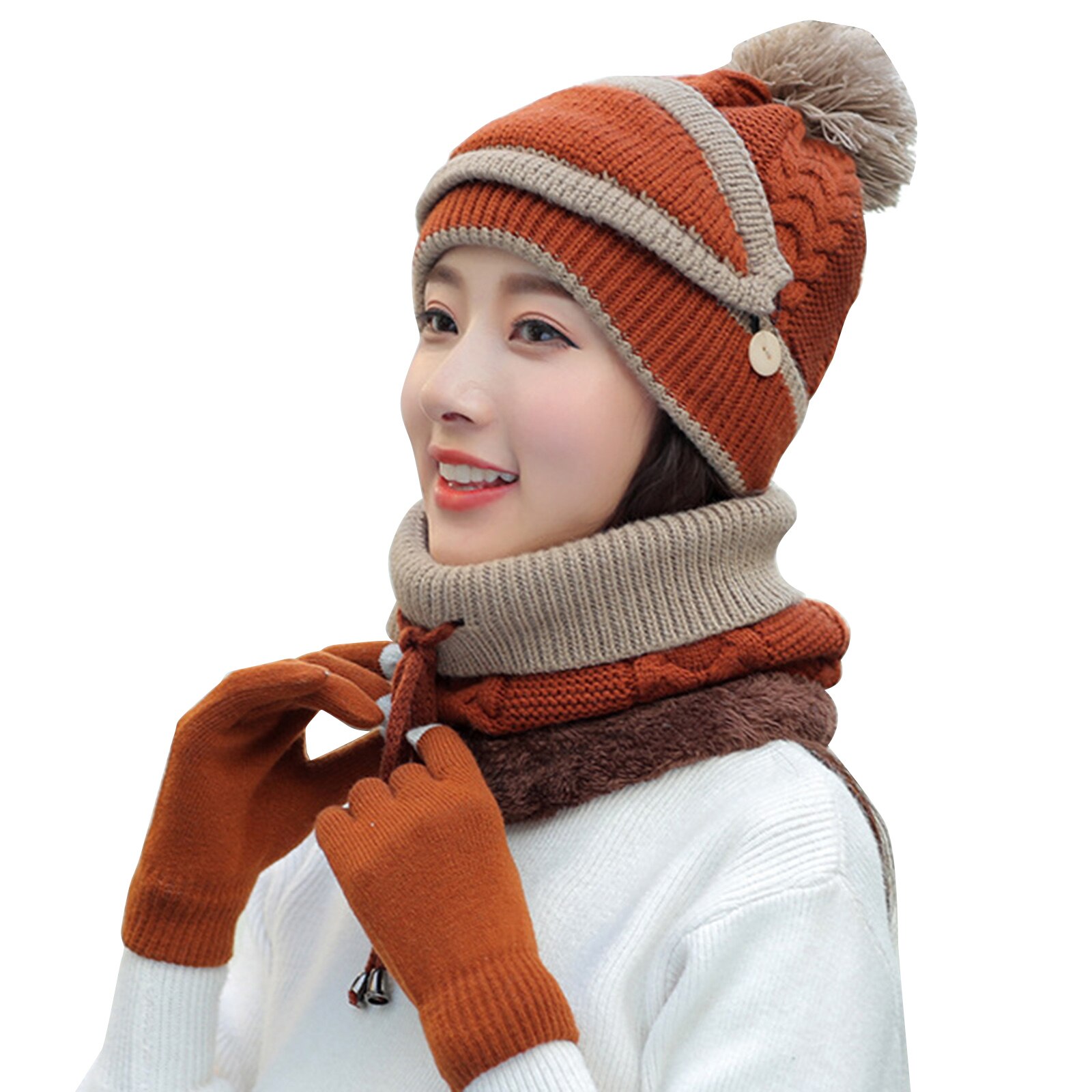 Nyeste 4 stk kvinders vinter tørklæde sæt thickend strikket hat tørklæde ansigt dække handsker udendørs: Karamelfarve