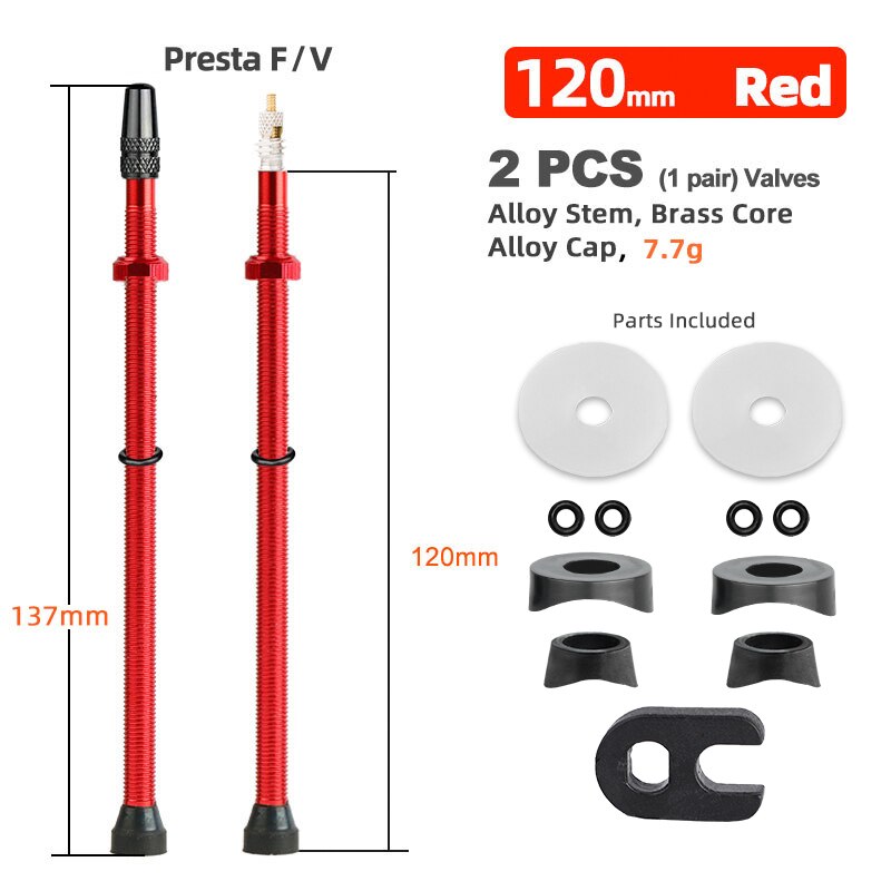 Deemount 2PCS Bicycle Tubeless Tire Presta Valve Brass Core Optional Brass Alloy Stem 40/60/80/100/120mm W/ Alloy Cap &amp; Tool: 120mm Alloy Red B