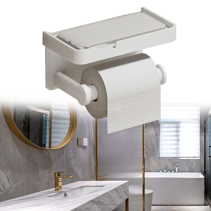 Portarrollos de pared grande con bandeja de almacenamiento, organizador de inodoro, soporte para teléfono, accesorios de baño