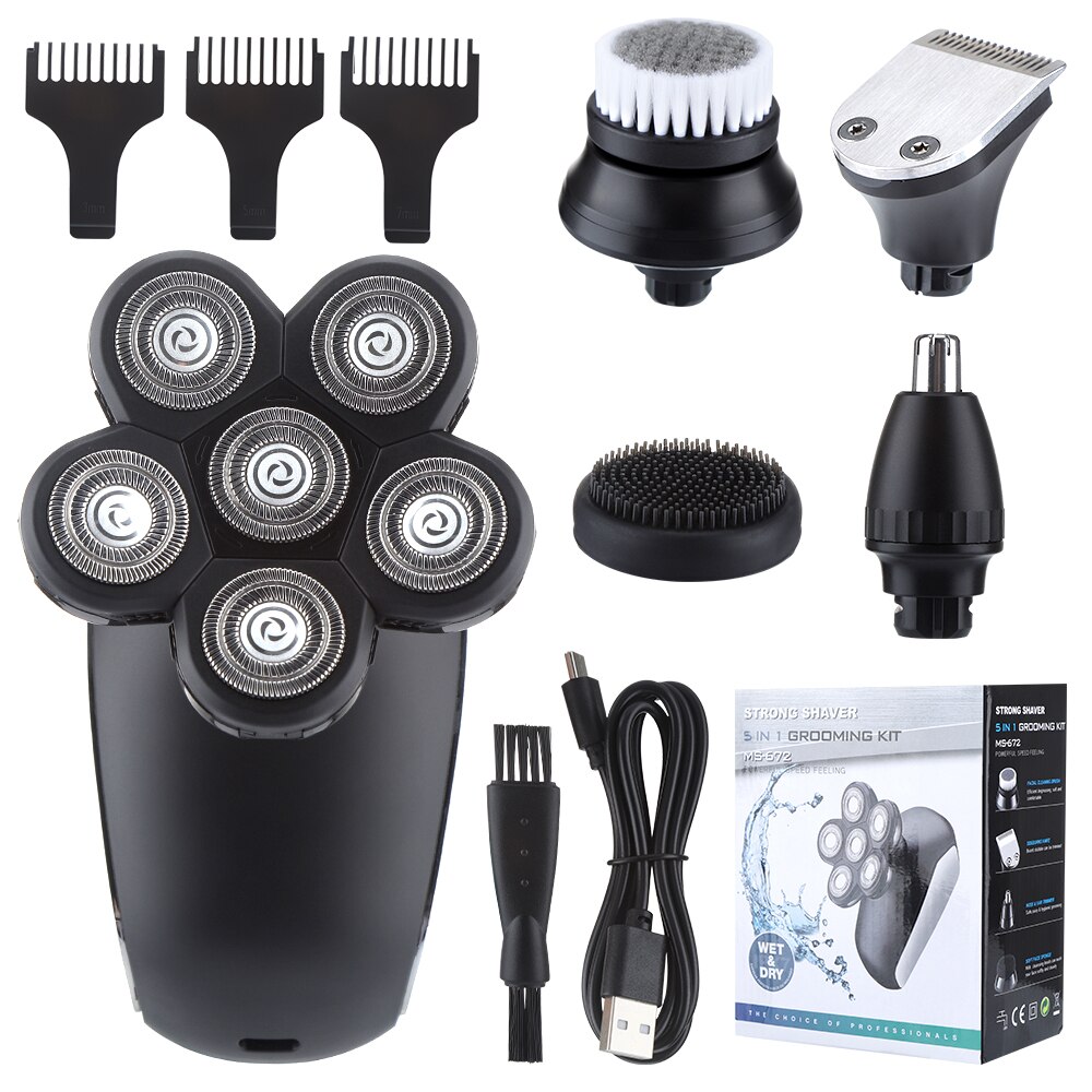5 In 1 4D Men's Rechargeable Bald Head Electric Shaver 5 Floating Heads Beard Nose Ear Hair Trimmer Razor Clipper Facial Brush