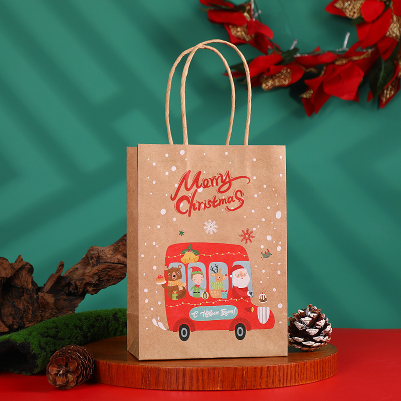 8-32pcs Kraft Paper Bags with Handles Christmas And Year Printed Patterns for Packaging Presents