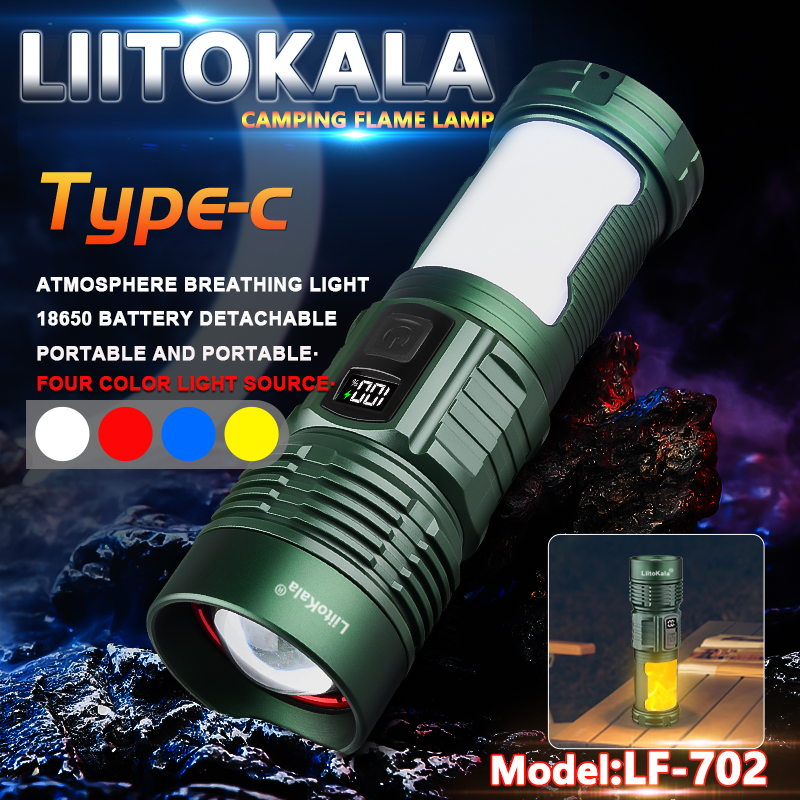 Liitokala lf -703 700lm 500m- strålet lommelygte, ipx 5 vandtæt, type-c campinglampe , 6 tilstande til vandreture, nødsituationer og overlevelsesudstyr