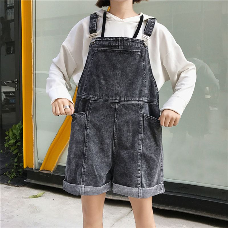 Playsuits Women Denim Solid Pockets Korean Style Loose Chic High Waist Female Rompers Ulzzang All-match Overalls Popular Cute: black / XL