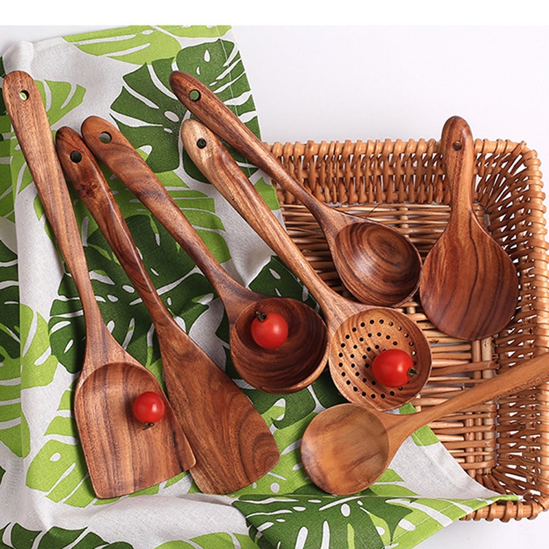 7 tipos de cucharas Thai de madera de teca espátula cuchara de arroz cuchara grande de sopa para cocinar utensilios de cocina de madera suministros