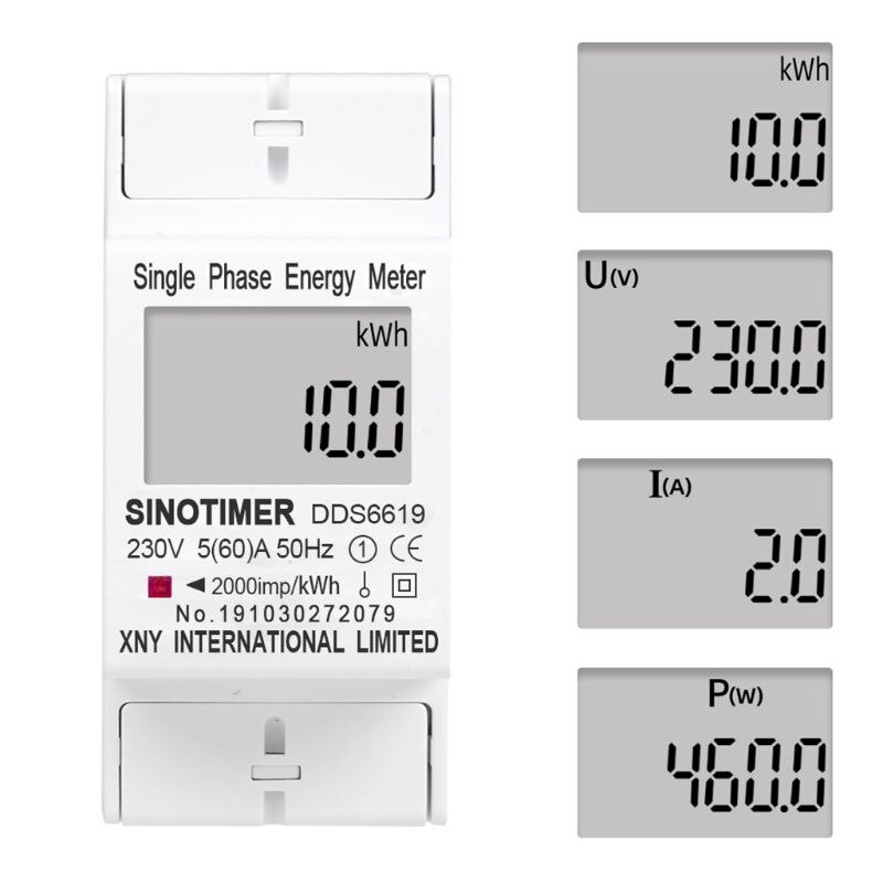 Backlight LCD Digital Din Rail Single Phase Energy Meter Power Consumption kWh Meter Voltage Current Wattmeter Electric AC 220V