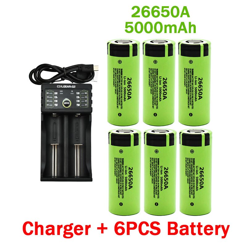 100%  originale 26650 batterier 5000 mah 3.7v 50a lithium ion oppladbare batterier for 26650a led lommelykter+lader: Gul