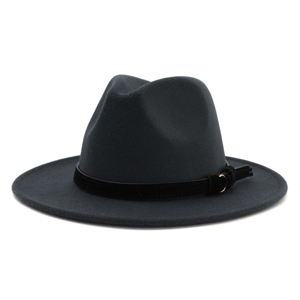 Vintage sommar bred brätte fedorahatt kvinnor lädersnöre imitation ylle jazzhatt keps chapeau för resor: 9