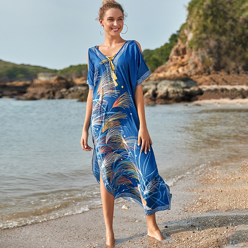 Bikini cover-up kwastje strand tuniek zomer pareo strand cover-up badpak strand tuniek jurk strandkleding  q904: Blauw