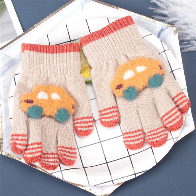 Baby Meisjes Handschoenen Volledige Vinger Voor Kinderen Cartoon Auto Wanten Warmer Kids Herfst Winter Handschoen School Jongen Wollen Gebreide Mitten: Light khaki