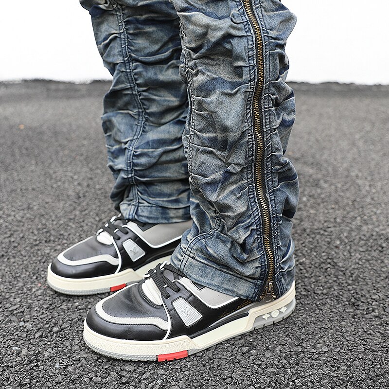 alto strada Cerniera Laterale angosciato Schiacciato Piega denim Dei jeans Degli Uomini di anca salto Elastico in Vita Dritto Pantaloni di Modo motociclista Pantaloni Pantaloni Pantaloni