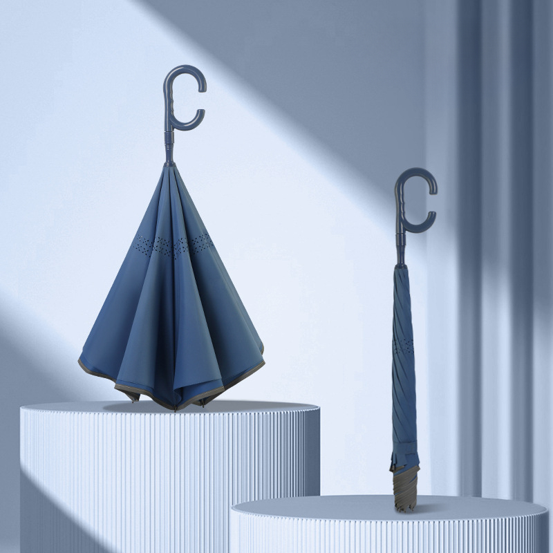 Ombrello inverso a doppio strato completamente automatico, ombrello a doppio strato, ombrello antivento a doppio scopo soleggiato e piovoso a manico lungo: Blu