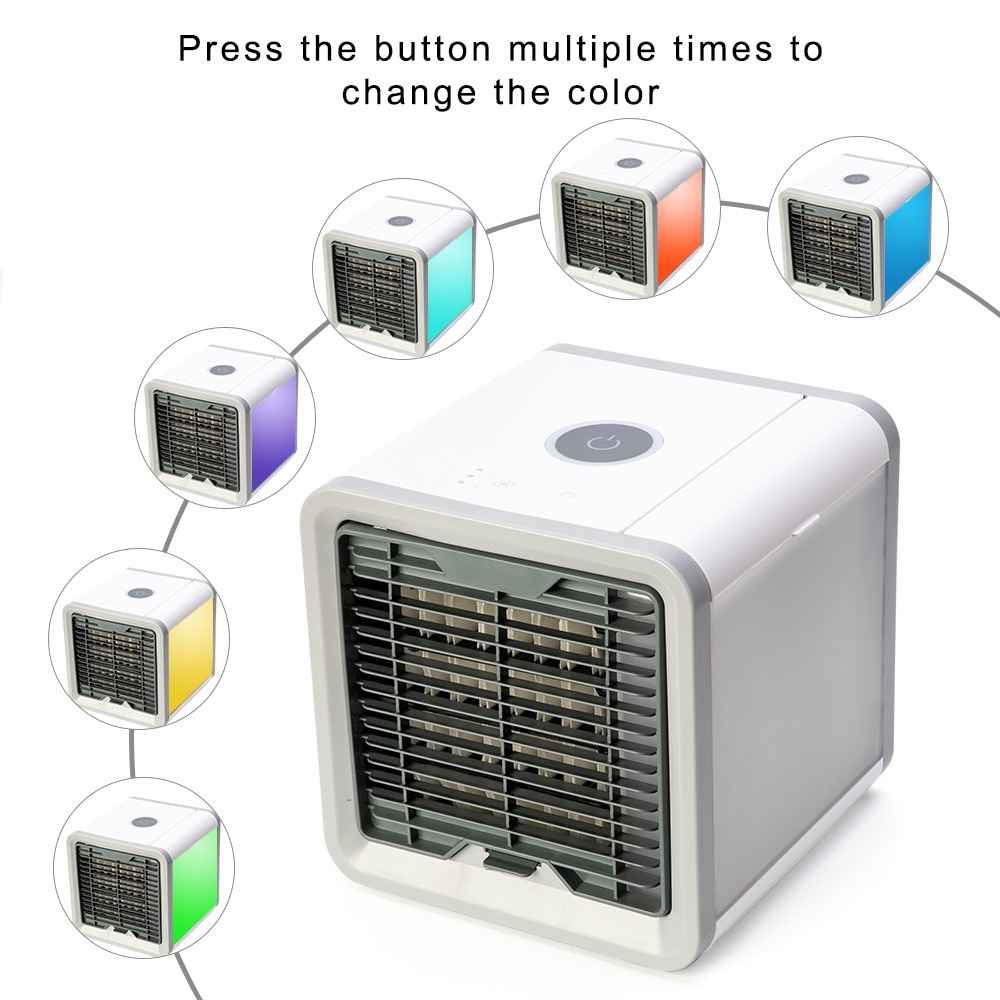 Mini aire acondicionado portátil, Humidificador purificador de aire, aire acondicionado en 7 colores, USB, ventilador de escritorio con 2 tanques de agua para el hogar