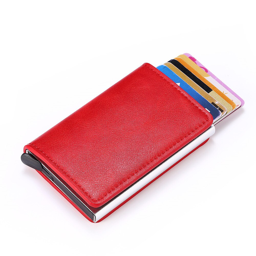 QQD Anti-theft Brush Man Wallet Smart Auto Eject Card Box Purse Business Holder Rfid Wallet Aluminum Metal Credit Card Belt Bag: Red