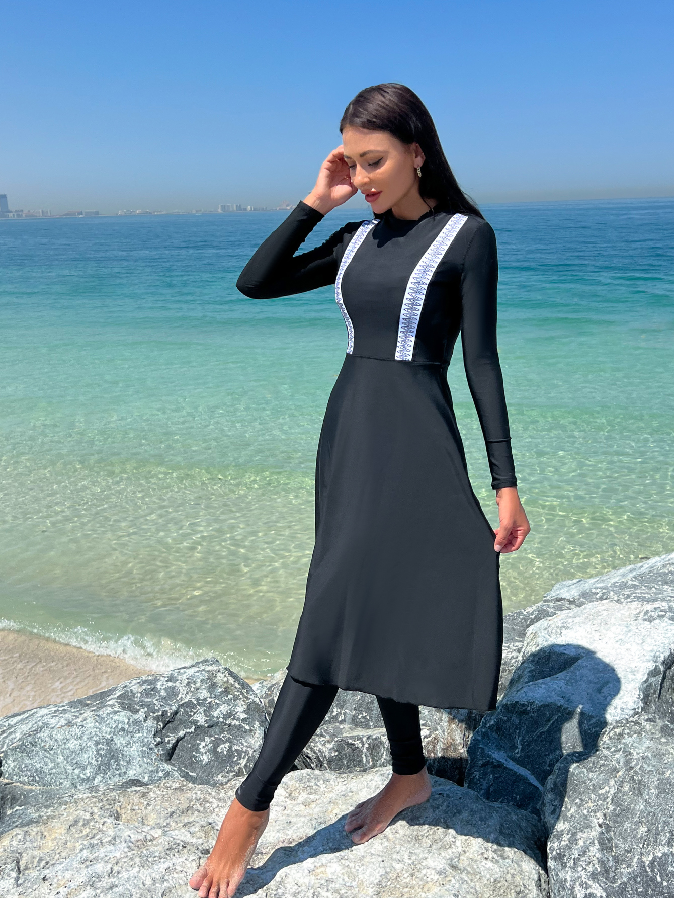 2pcs Muslim Burkini Modest swimsuit with Black Long Sleeved Dress All Covered Retro Women Swimwear Beach swimsuit SPF50+