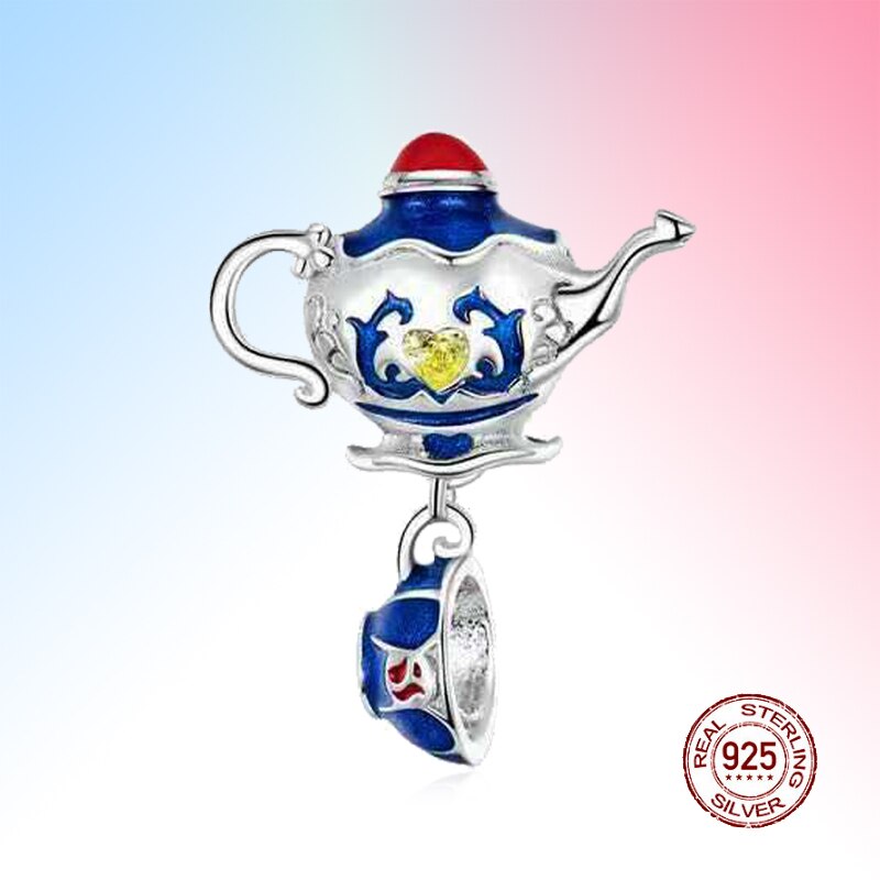 925 Sterling Silver Charm Magic teapot candle alarm clock rose grape vine Love Pendant Bracelet beads jewelry: WT0623