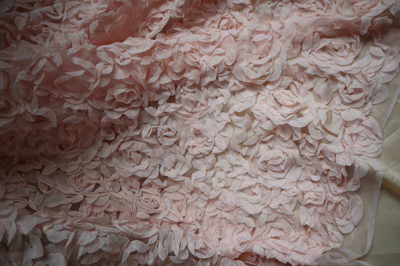 1 yard 3D chiffon rosette lace fabric, light pink color 3D rose pleated ruffled lace fabric for bridal wedding dress