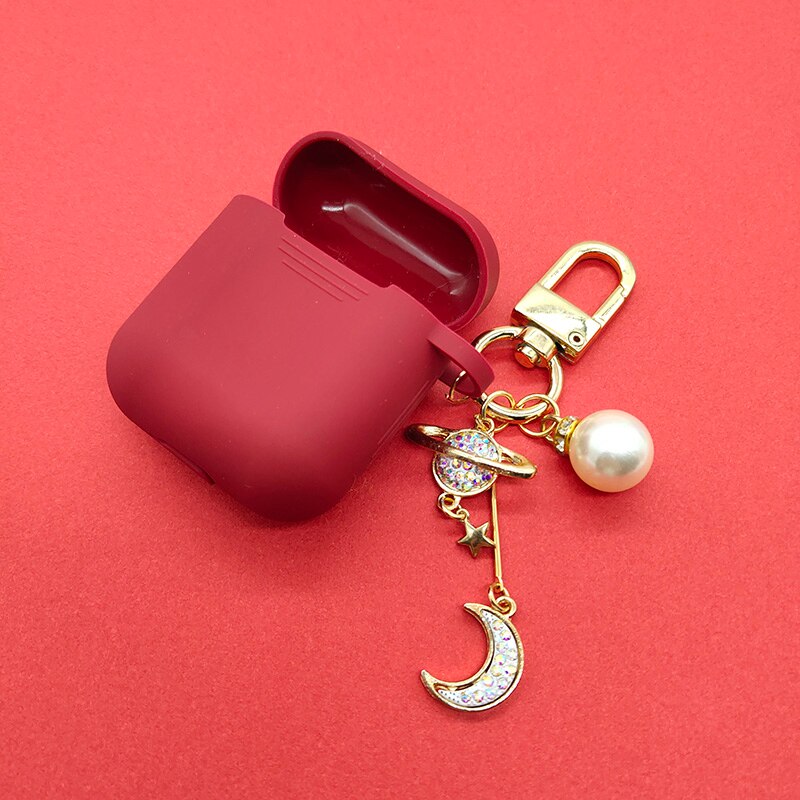 Luxury Diamond Moon Silicone Case for Apple Airpods Case Accessories Bluetooth Earphone Headphones Protect Cover Pearl Key Ring