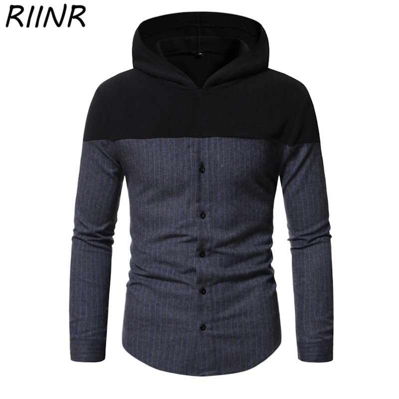 Riinr höst herr casual huvsömmar herr grå och blå randig skjorta knapp dekoration snygg skjorta topp m -3xl