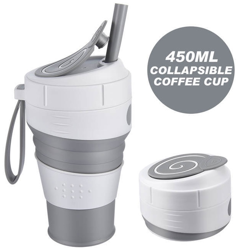 500Ml Silicone Inklapbare Koffie Cup Met Stro Lekvrije Deksel Voor Reizen Wandelen Picknick Food Grade Bpa Gratis opvouwbare Koffie Mok