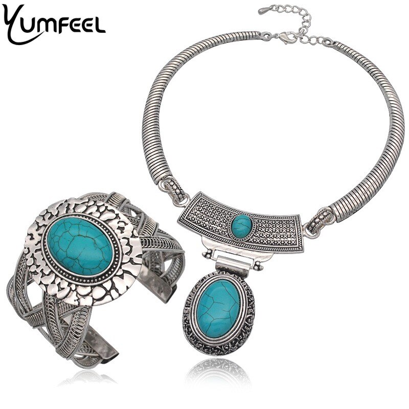 Yumfeel Tibetaans Zilver Met Synthetische Steen Armbanden Armbanden Vintage Sieraden Voor Vrouwen: Necklace bangles