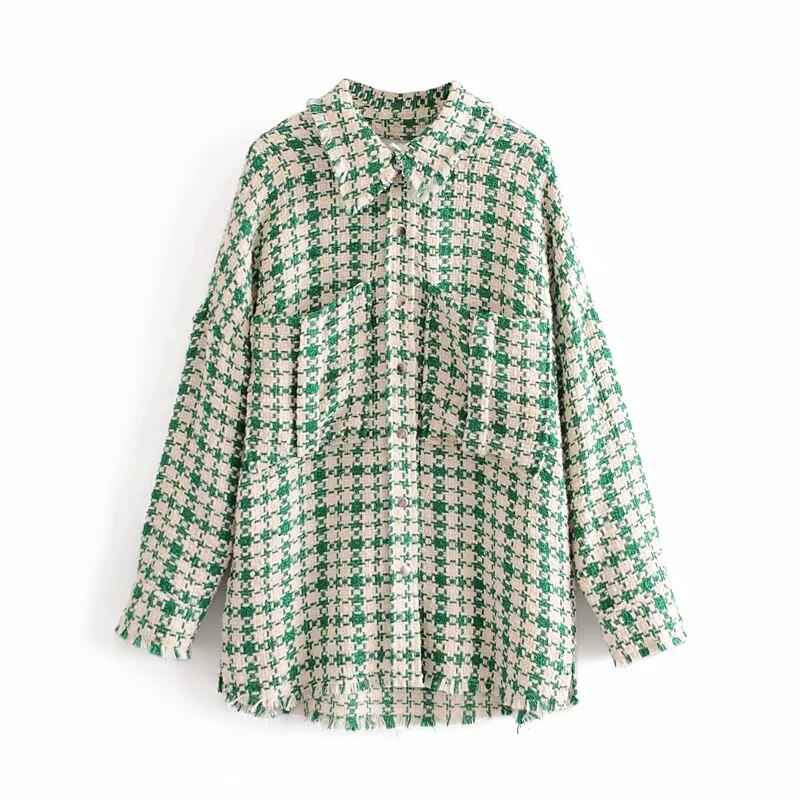 Vintage smarte grønne plaidlommer tweed jakker kvinder side åben turn-down krave frakker kvindeligt overtøj: L