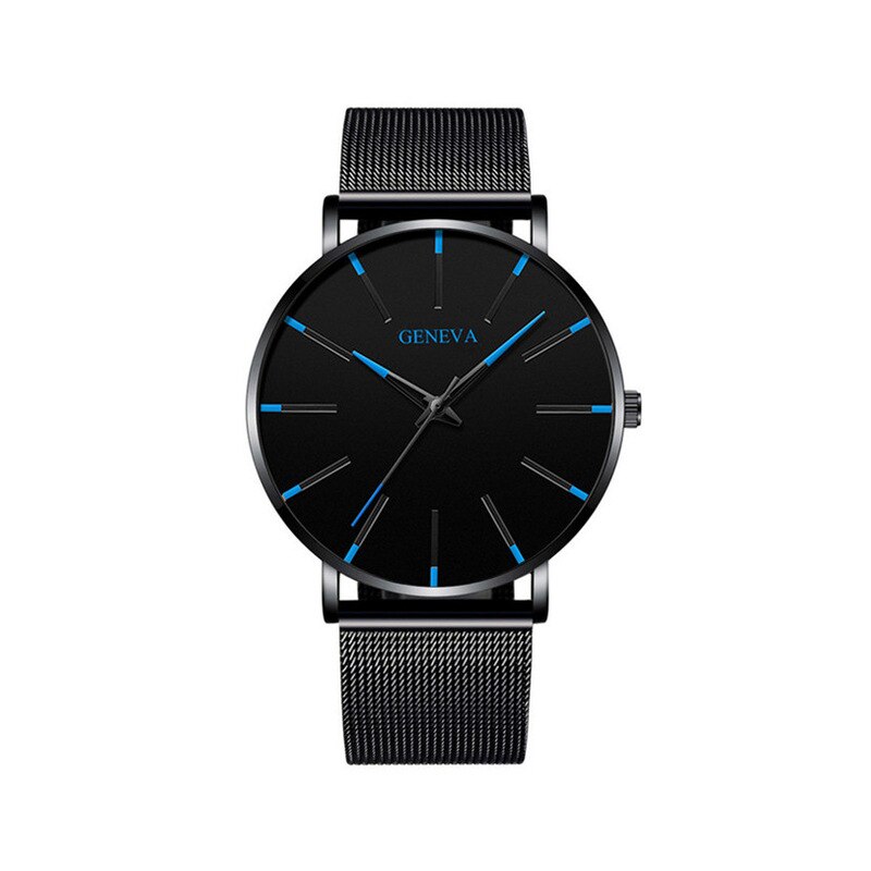 Minimalistische Mannen Mode Ultra Dunne Horloges Eenvoudige Mannen Business Roestvrijstalen Gaas Riem Quartz Horloge Relogio Masculino: W bk--Black blue