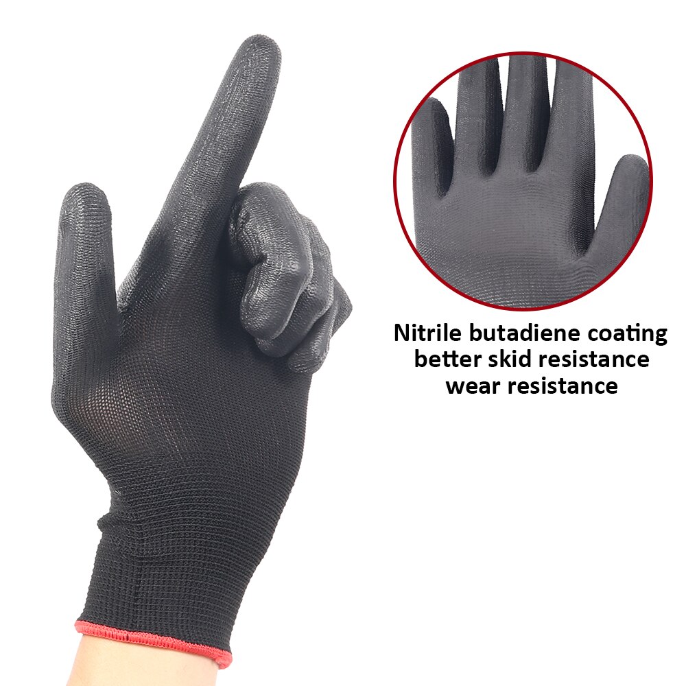 12-24 par manliga och kvinnliga nylonhandskar pu bästa arbetshandskar svarta nylon säkerhetsmaskiner arbetshandskar
