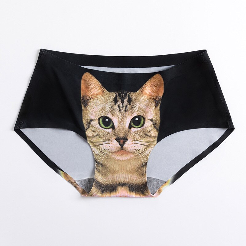 3D Cat Middle Waist Sexy Girl Underwear Cartoon Ice Silk Printed Cat Head Briefs Meow Star Man Thong Panties Underwear Women: Black / M
