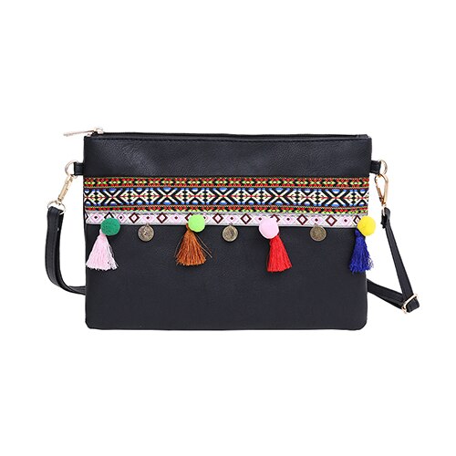 Yogodlns PU Leather Shoulder Bag for Women Envelope Bag Tassel Decoration Messenger Bags National Style Lady Purse: Black
