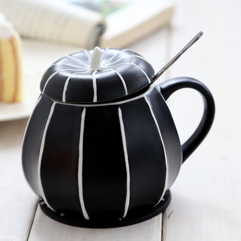 Taza de Café de Cerámica de 250ml con tapa, cuchara creativa con forma de calabaza para decoración de Halloween, tazas de celadón para desayuno, tazas de leche