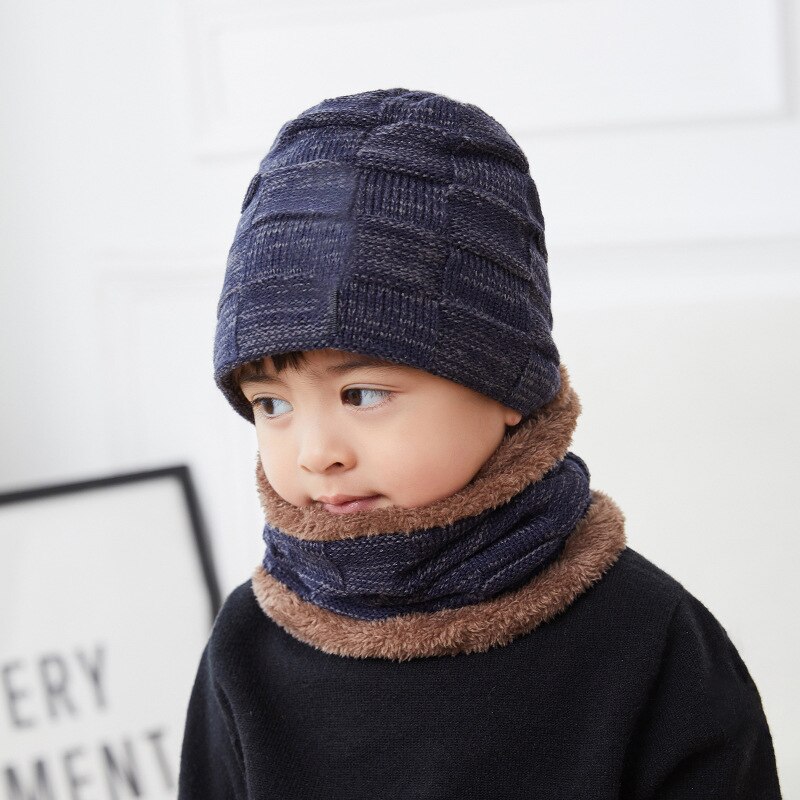 Vinter beanie cap tørklæde sæt varme strik hatte kraniet cap med tyk fleece foret vinter hat & tørklæde til børn børn: Børn -1