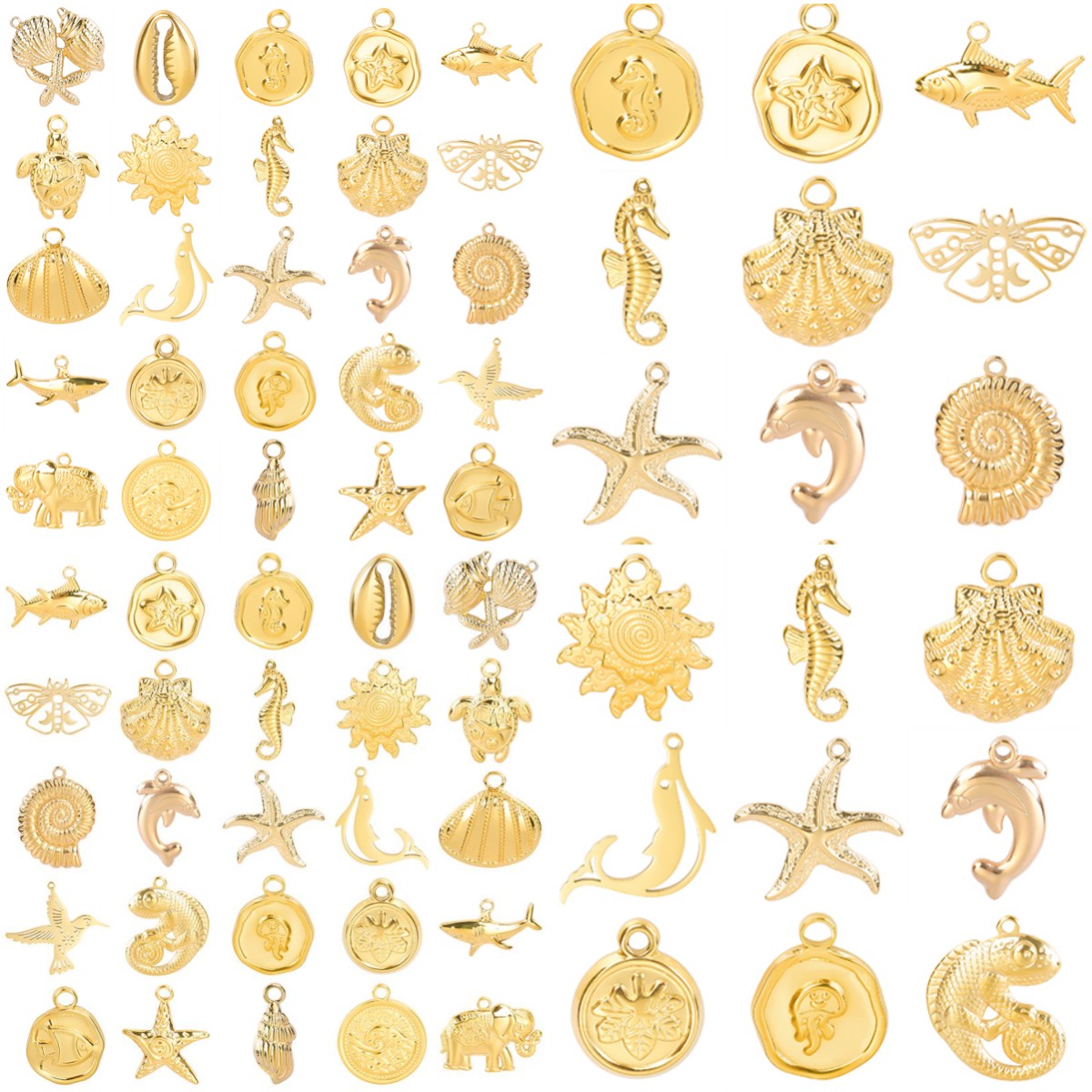 Colgante de acero inoxidable para la fabricación de joyas, dijes de animales marinos, concha, estrella de mar, Tortuga, tiburón, mariposa, Color dorado, 5 unidades por lote