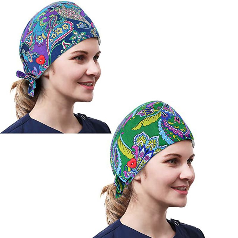 Women Ethnic Paisley Buttons Scrub Cap wtih Hair Ties Work Bouffant Hat F3MD