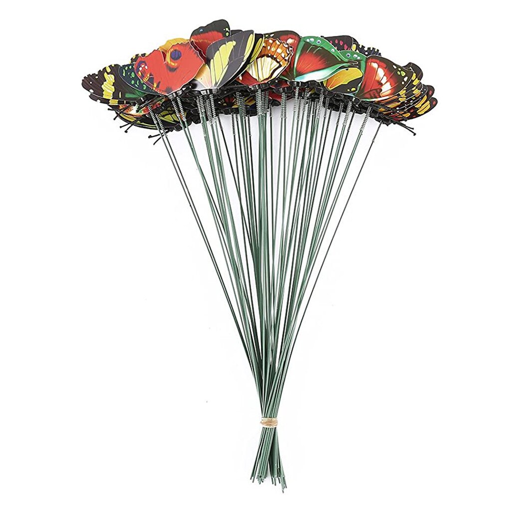 50pcs Colorful Garden Butterflies Stakes Patio Butterfly Ornaments On Sticks Plant Decoration Garden Ornament