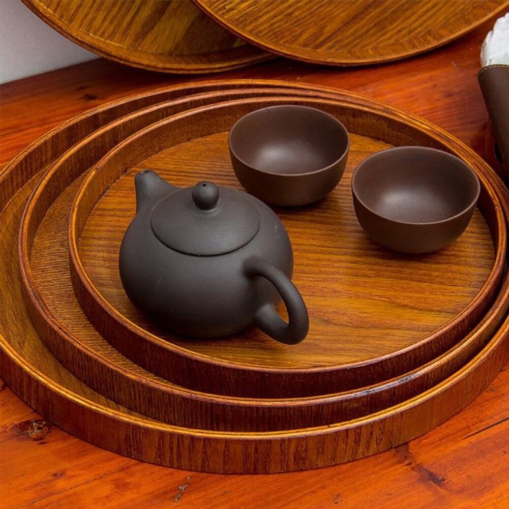 Tea Tray Wooden Food Kitchen Tools Natural Retro Fruit Tea Accessories Dishes Platter Round Bakery Serving Tray Plate 3 Sizes